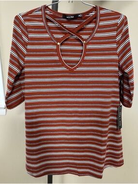 Doe & Rae Striped Short Sleeve Top with Crisscross Keyhole